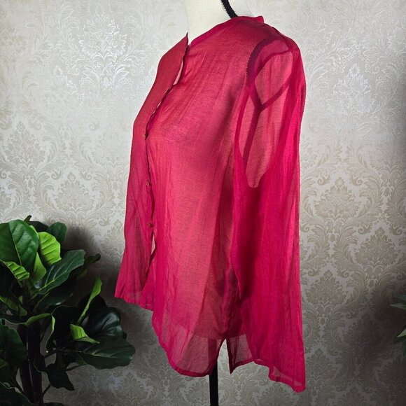Eileen Fisher Size Large Red Sheer Blouse Button Front Round Neck Long Sleeve - Picture 7 of 12